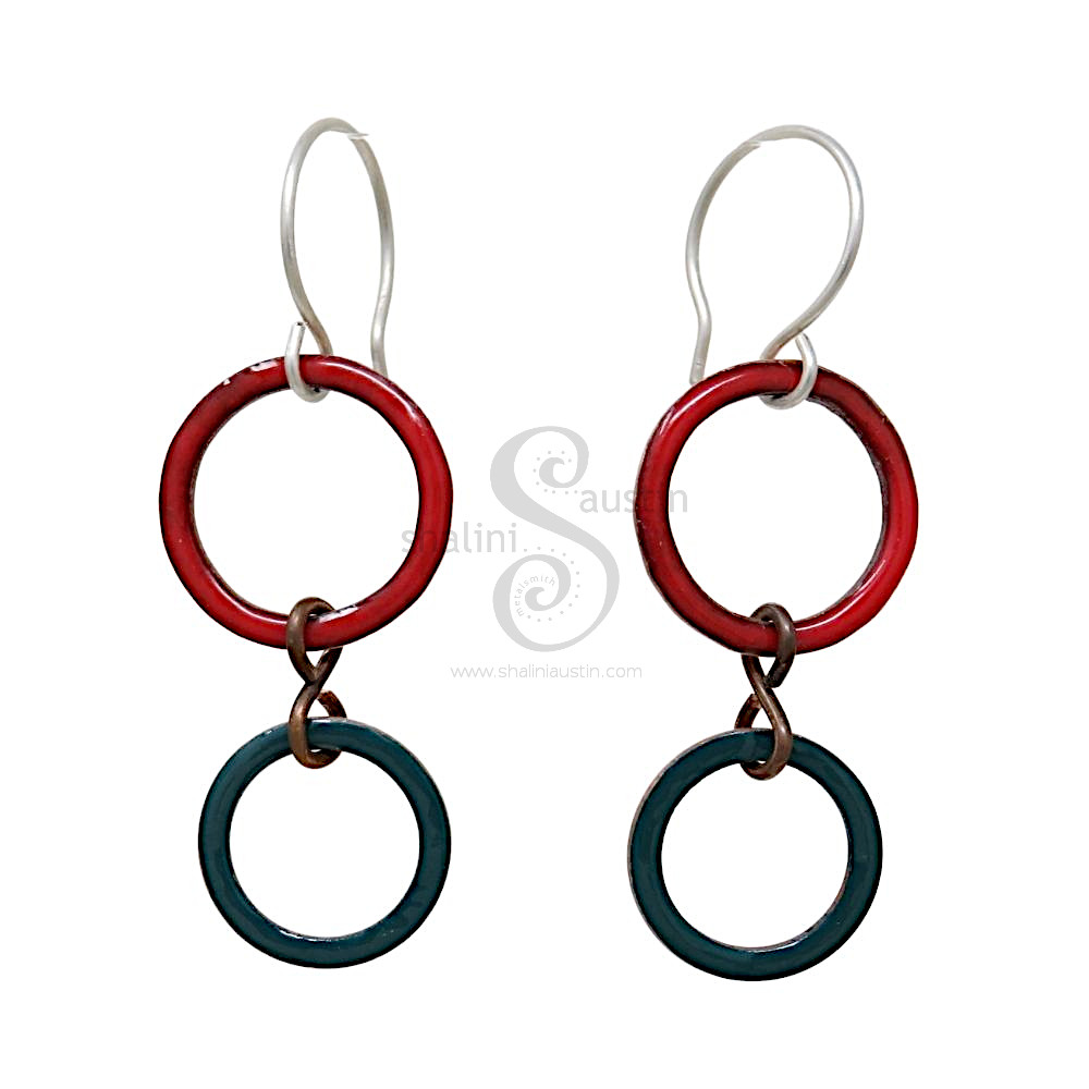 Jade Green & Orange Enamelled Copper Circle Earrings
