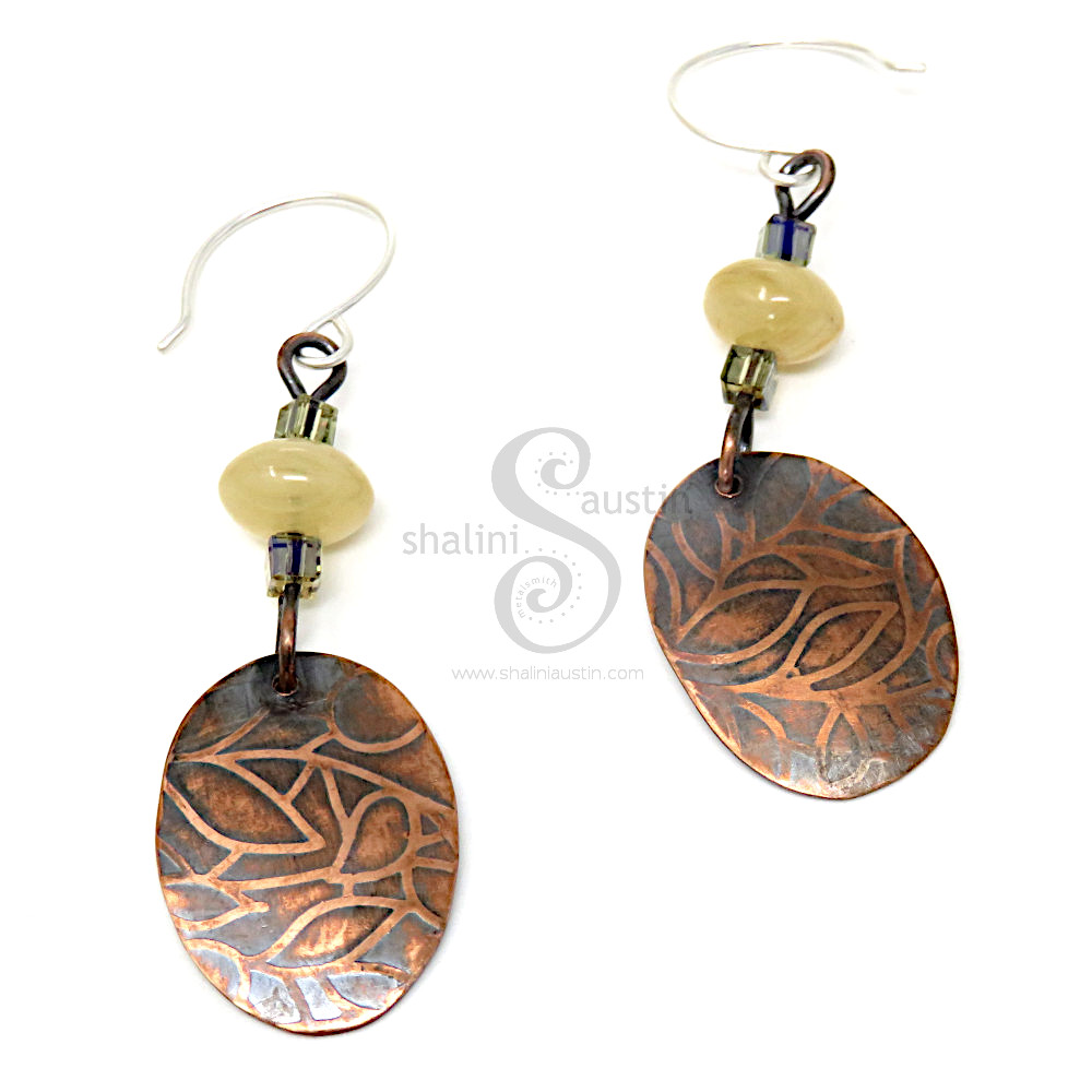 Antique Finish Etched Copper Earrings LEAVES 02
