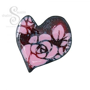 Enamelled Copper Heart Brooch 1  | Pink Rose