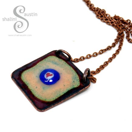 Enamelled Copper Tile Pendant with Heart Detail