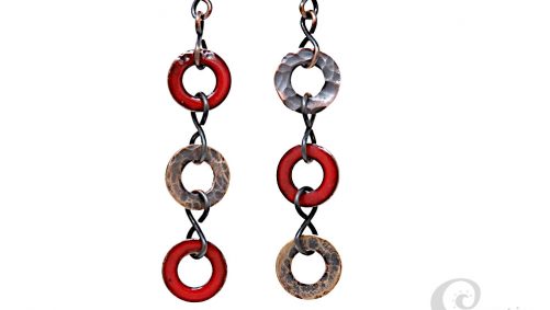 Red Copper Circles Earrings | Enamelled | Long by Shalini Austin